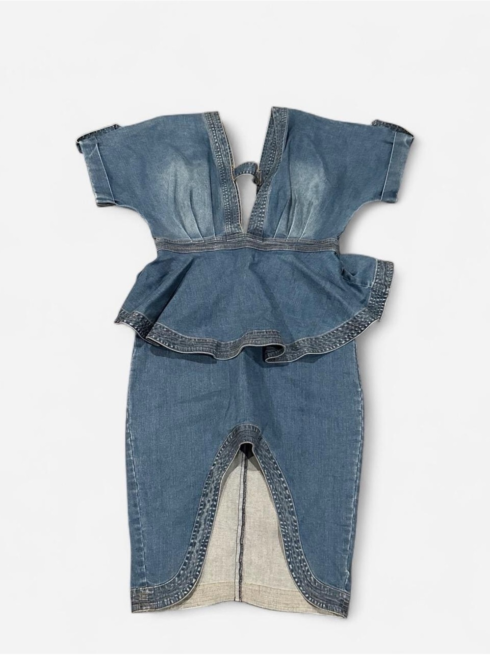 L'ATISTE Blue Denim Midi Dress with Peplum